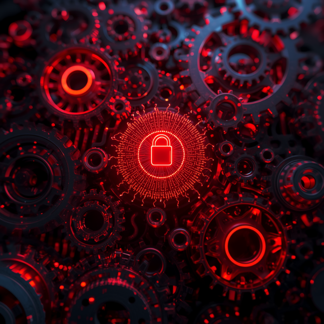 Interconnected security system gears representing automation